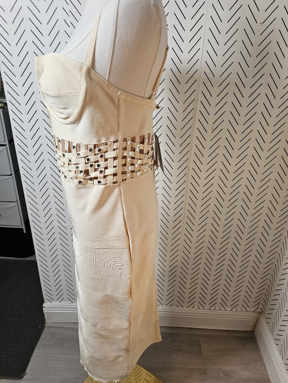 Fashion Nova Cream Strappy Midi Dress with Woven Rhinestone Waistband - Picture 4 of 11